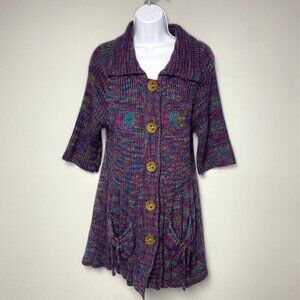 Wool Blend Purple Multi-colored 1/2 Sleeve Lagenlook Boho Cardigan Womens Size S